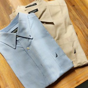 Nautica Long Sleeve Dress Shirts Size 16 Neck Blue/Beige (Bundle of 2)